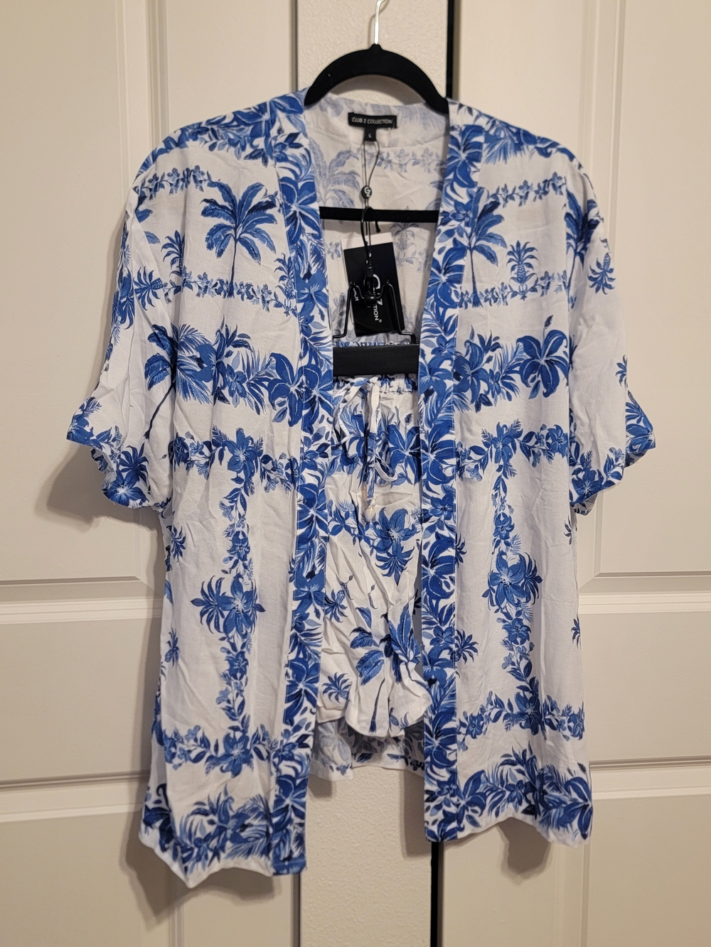 White and Blue Floral Swim Coverup Short & Open Top Set